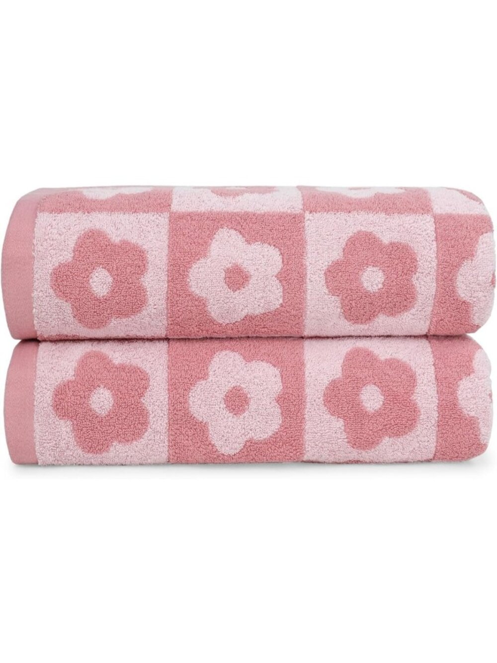 Luxury Pink Checkered Floral Bath Towels Set - Soft, Absorbent, Stylish for